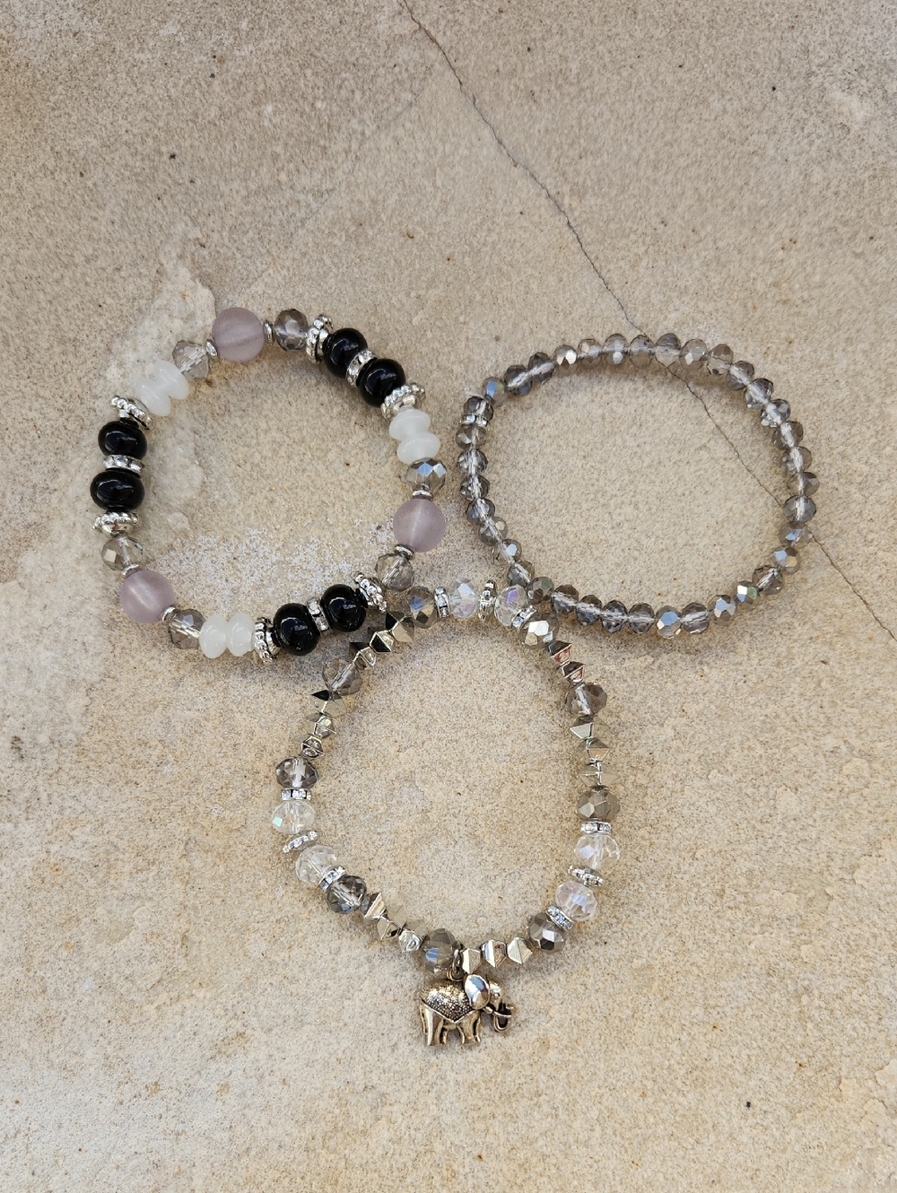 Beaded Elephant Charm Bracelet Set Rhinestone Spacers Silver Neutral Tones